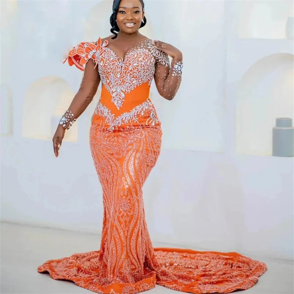 Luxury Beaded Lace African Wedding Reception Dresses Orange Sheer Long Sleeve Crystals Asoebi Bridal Dress Formal Party Dresses