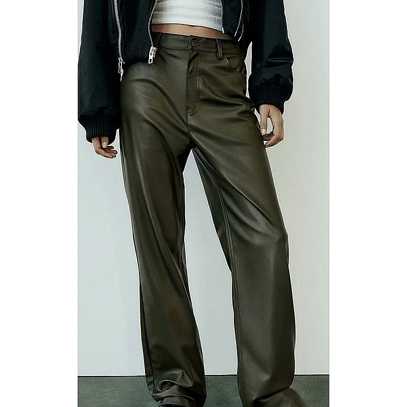 2024 Women's Autumn Black Faux Leather Wide Leg Fleece Pants Vintage Winter High Waist Office Lady PU Female Trousers Mujer