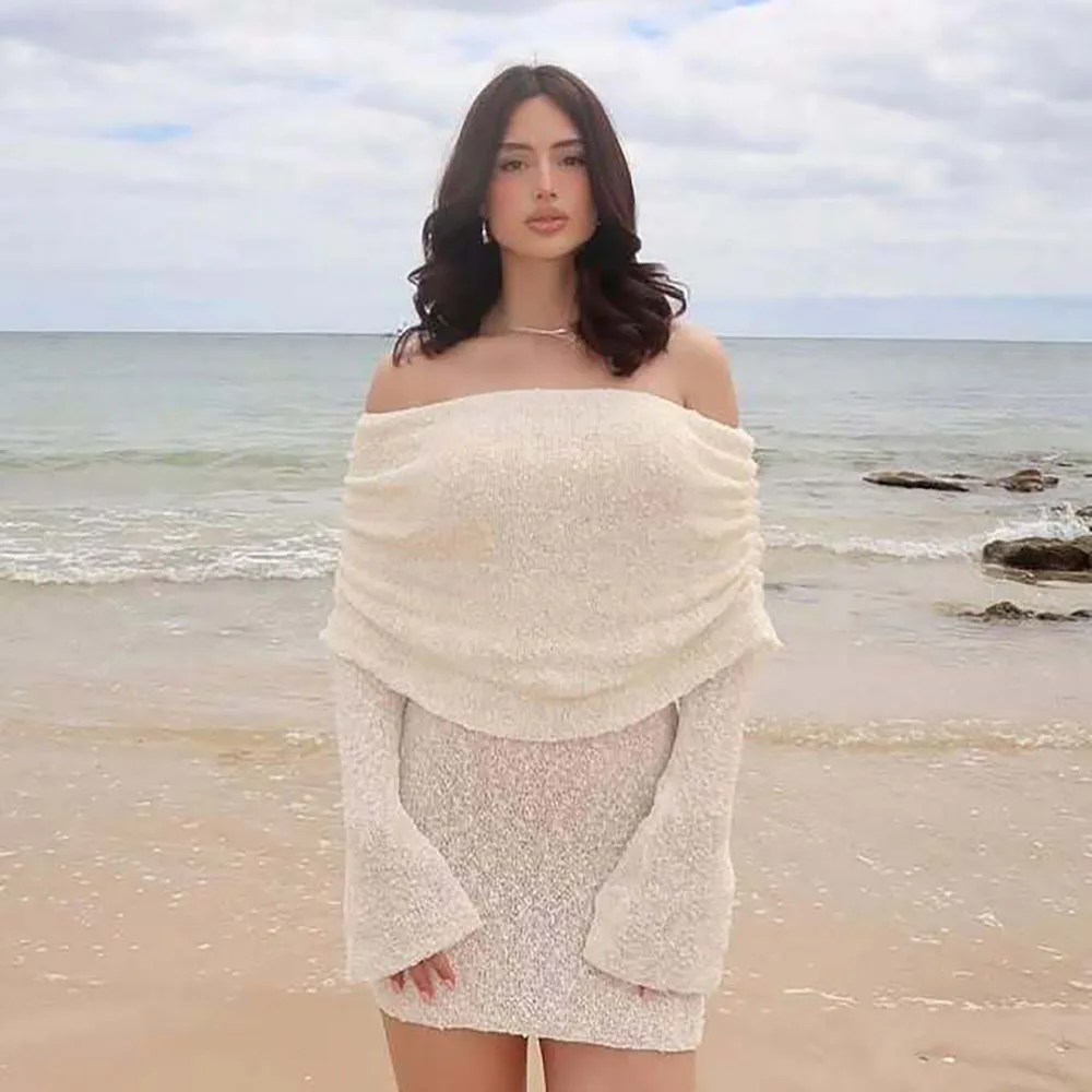 Mode Dames Jurken Strandvakantie Sexy Korte Jurken Premium Gebreide Uitgesneden Slash Hals Lange Mouwen Elegante Jurken