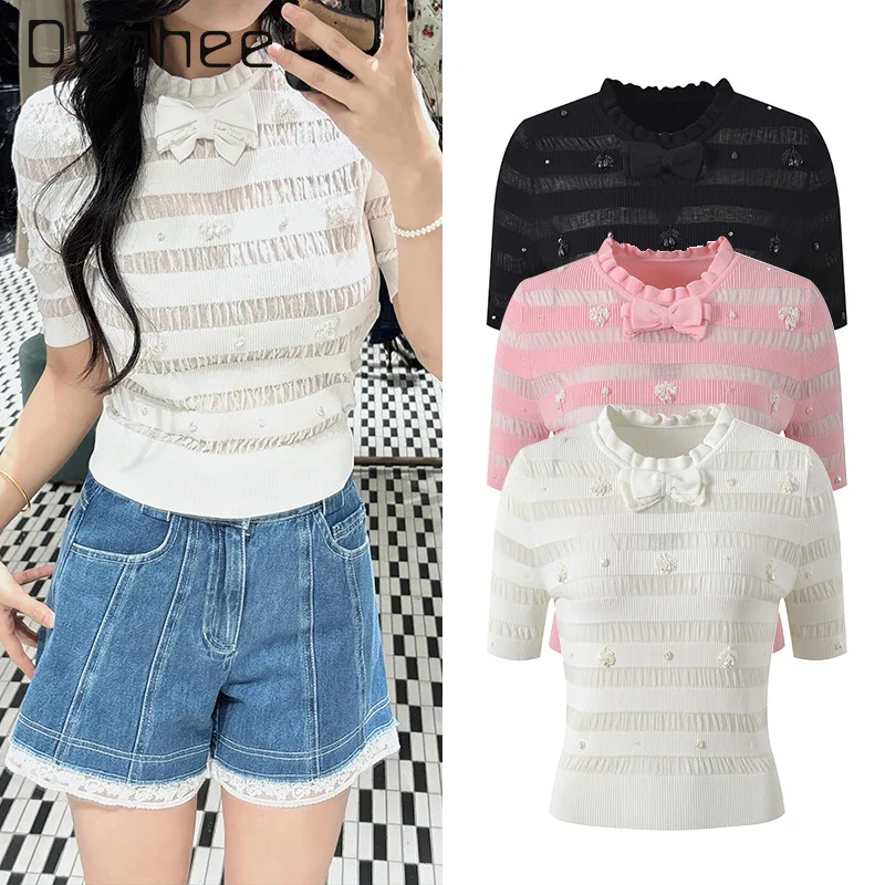 

Summer New French Temperament Celebrity Beaded Ruffle Edge Round Neck Short-sleeved Top Sweet Fashion Versatile Knitted T-shirt