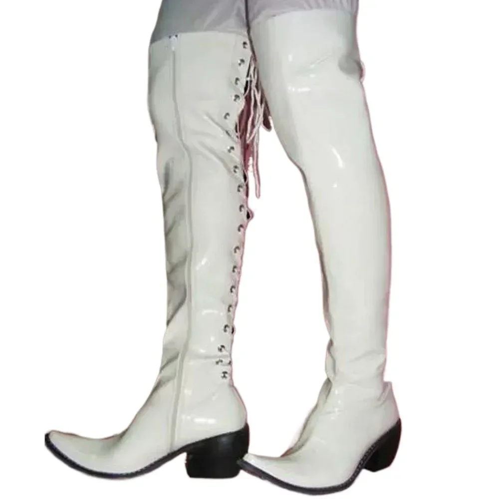 

Fashion Men's Sexy Patent Leather Equestrian Boots Steel Pipe Platform Pointed toe Over-the-Knee Boots Show Party Western Shoes