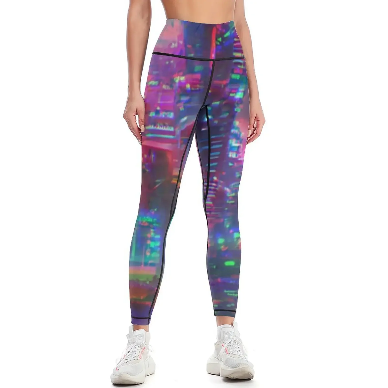 

Glitchy Synthwave City Leggings Women's trousers for fitness Womens Leggings