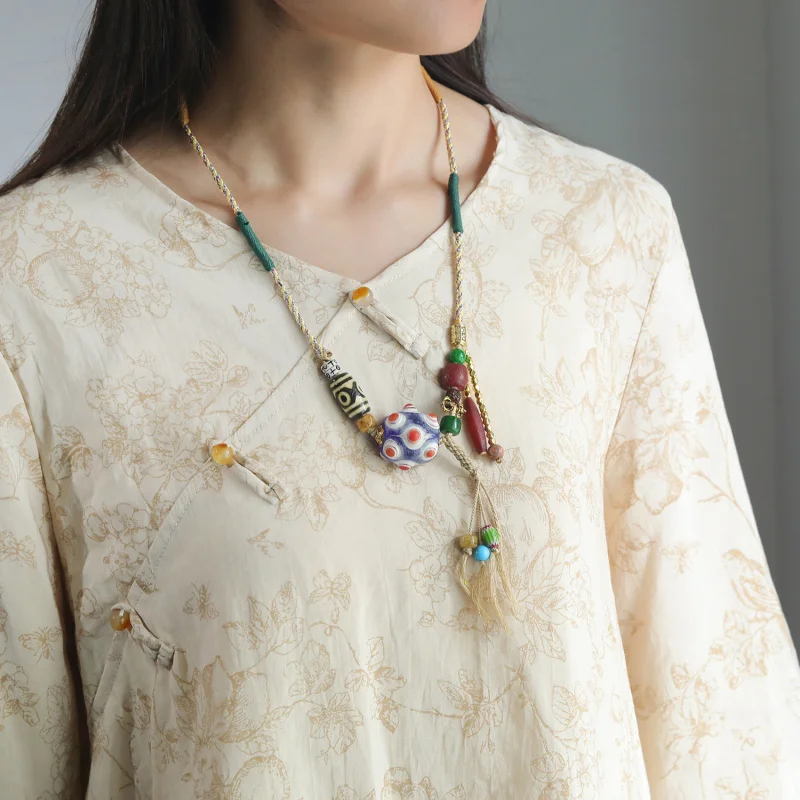 Natural Meteorite Pendant Hand-Woven Necklace Ethnic Style Vintage Accessory Unisex Sweater Chain
