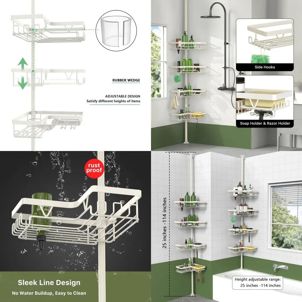 

Rustproof Shower Corner Caddy with Tension Pole, Waterproof Organizer for Bathtub, No Drilling Required, Fits 25-114.2 Inches, C