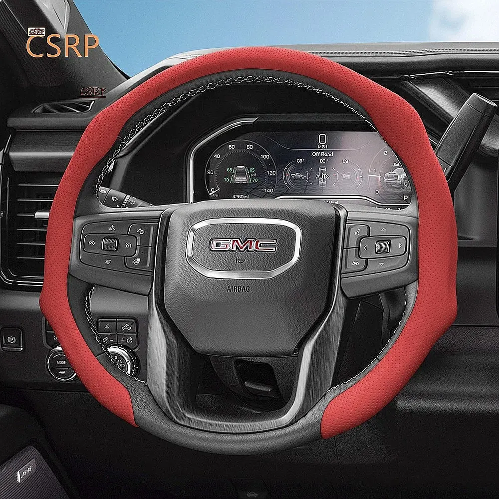 Suitable for GMC Breathable Leather Steering Wheel Cover Non-Slip Sweat-Absorbent Snap-On Protective Shell Black Red Green