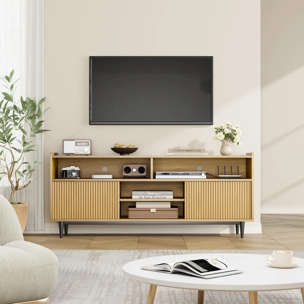 Fluted TV Stand for 80 Inch, Boho Entertainment Center with Sliding Doors, Wood Media Cabinet Furniture