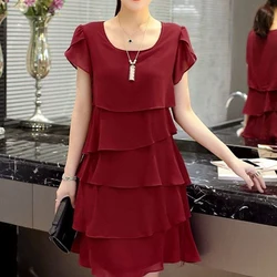 Summer New Chiffon Patchwork Ladies Dresses Short Sleeve Solid Color Loose Irregular Midi Dress Elegant Fashion Women Clothing