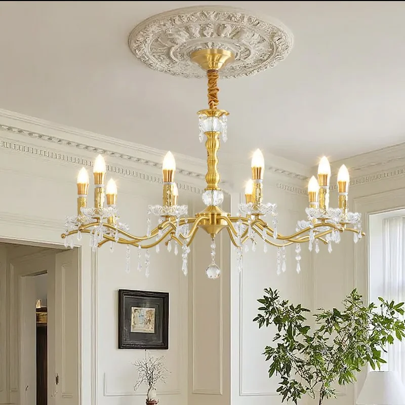 Copper American Candle Crystal Light Retro French Living Room Light Luxury Bedroom Cloak Room Dining Room Court Style Pendant Li
