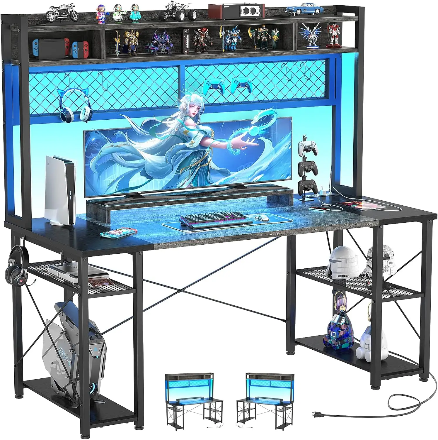 

2024 Upgrade Gaming Desk with Hutch, 55.2'' Magic Computer Desk with LED Lights and Outlets, Reversible Workstation Des