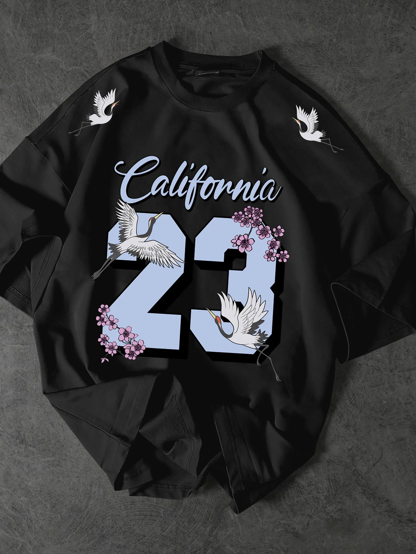 Men's American Retro California 23 Crane Cherry Blossom Printed T-Shirt, Loose Crew Neck Street Style Casual Top