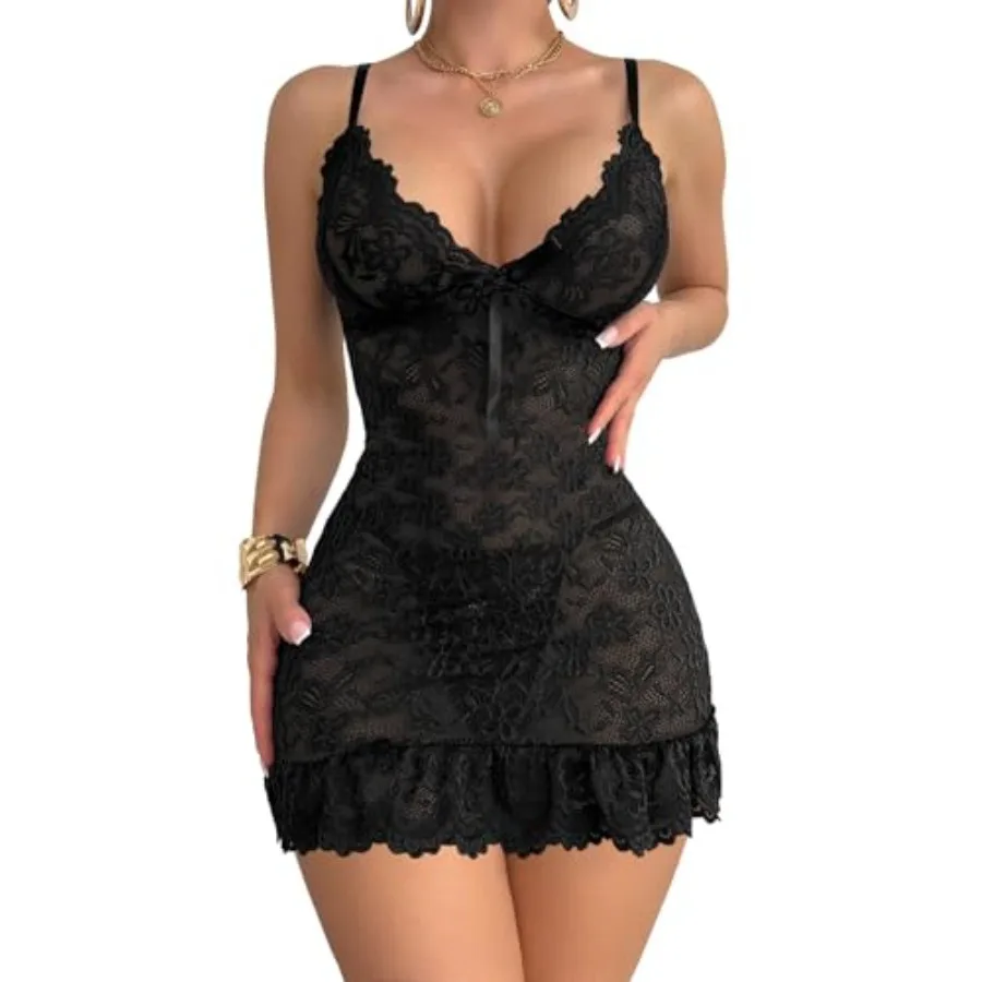

Sexy Sheer Mini Bodycon Babydoll Lace Lingerie Set Sleep Dress with Thong 2 Pcs Outfits