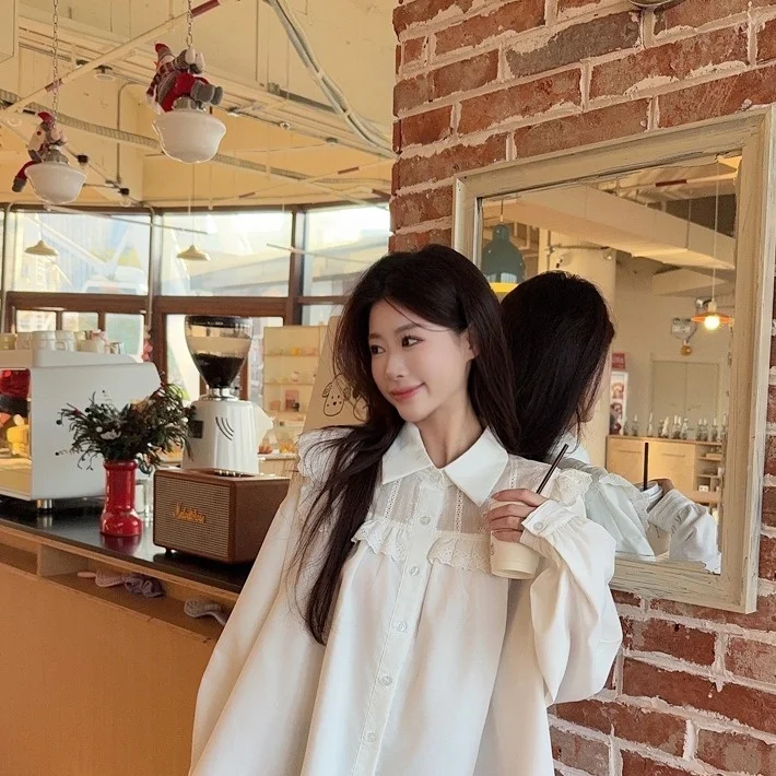 

Korean Sle Lace Trim Splice Women's Long Sve Loose Casual irt Spring 2026 New Loose Fit Slimming Top