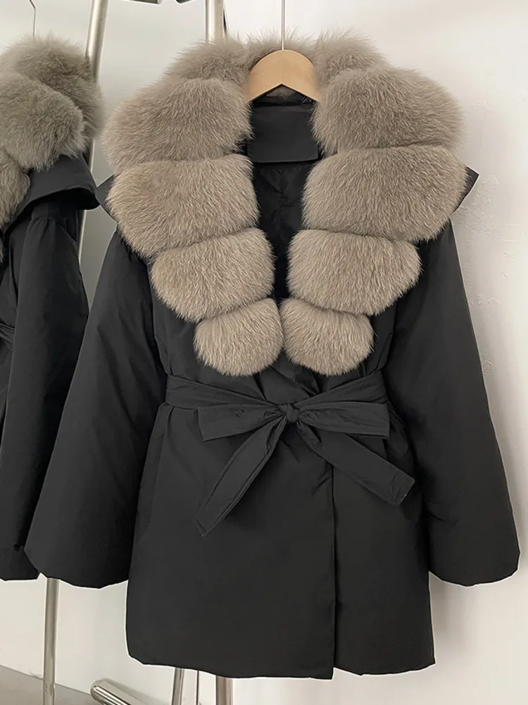 ZMEENNA 女性の新モデルキツネの毛皮の襟とベルト付きウエスト冬のジャケット生き抜くファッショナブルな暖かいコート ZM3833