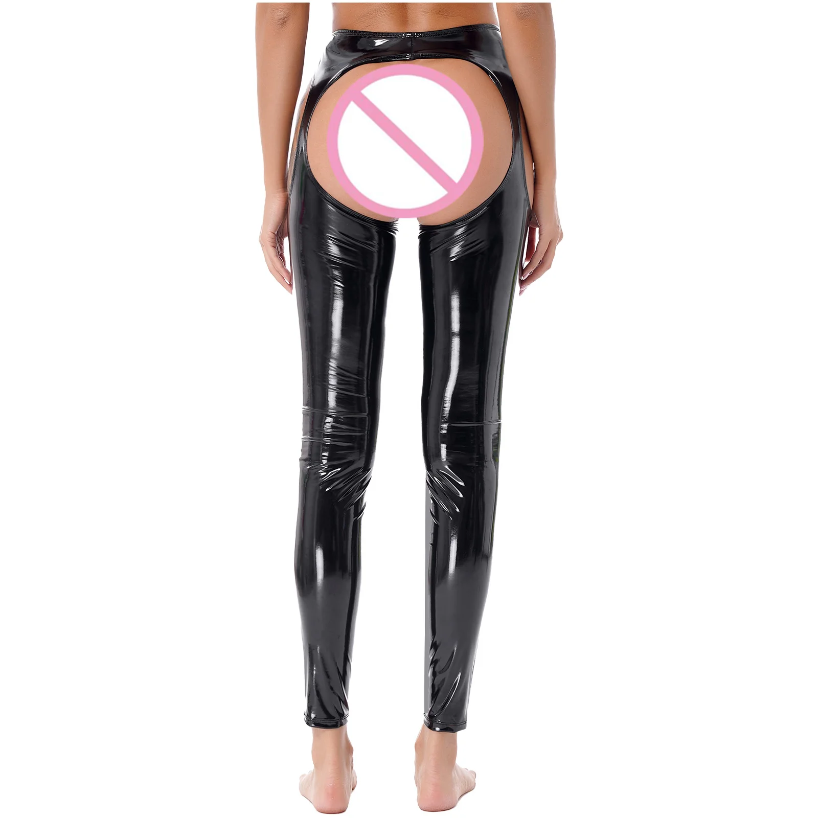 Womens Erotic Pants Wet Look High Waist Cutout Leggings Crotchless Open Butt Patent Leather Skinny Pants Leggings Clubwear Party