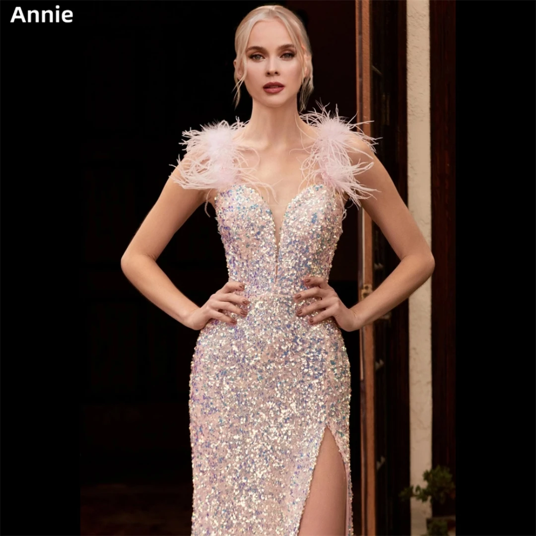 

Annie Light Pink Prom Dresses Sequined Shoulder Feat Formal Occasion Dresses Corset Side Slit فساتين للحفلات الراقصة