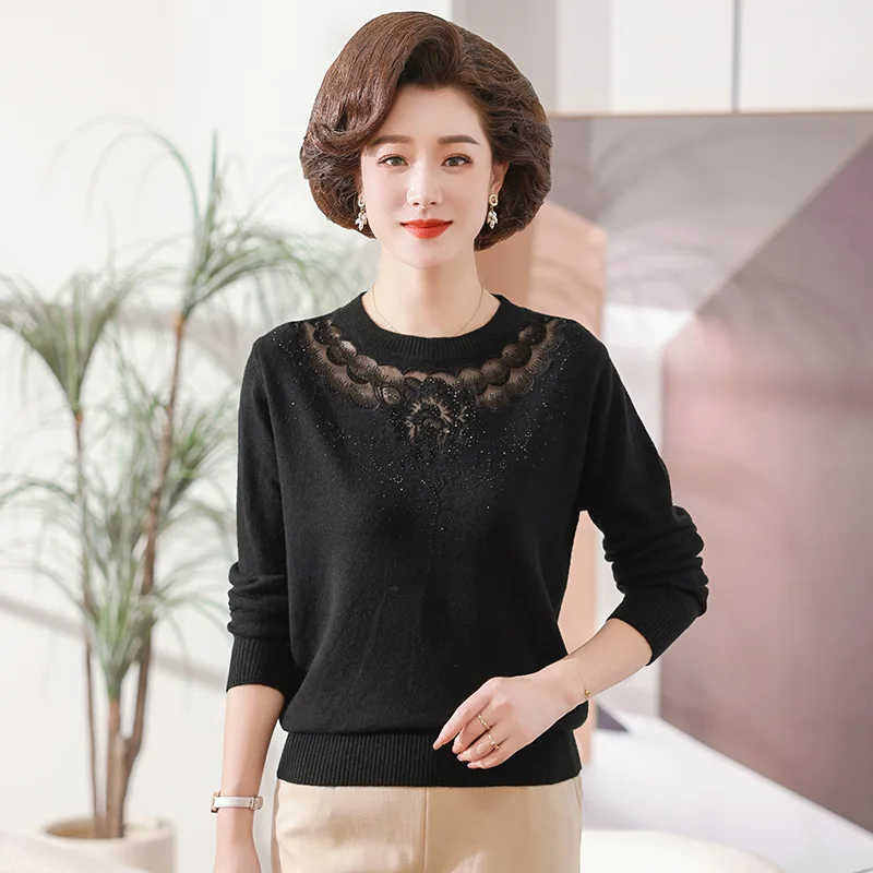 Autumn Winter Middle Aged Women Sweater Warm Mother Pullover Long Sleeve Lace Elegant Bottoming Top Grandma Basic Knitwear