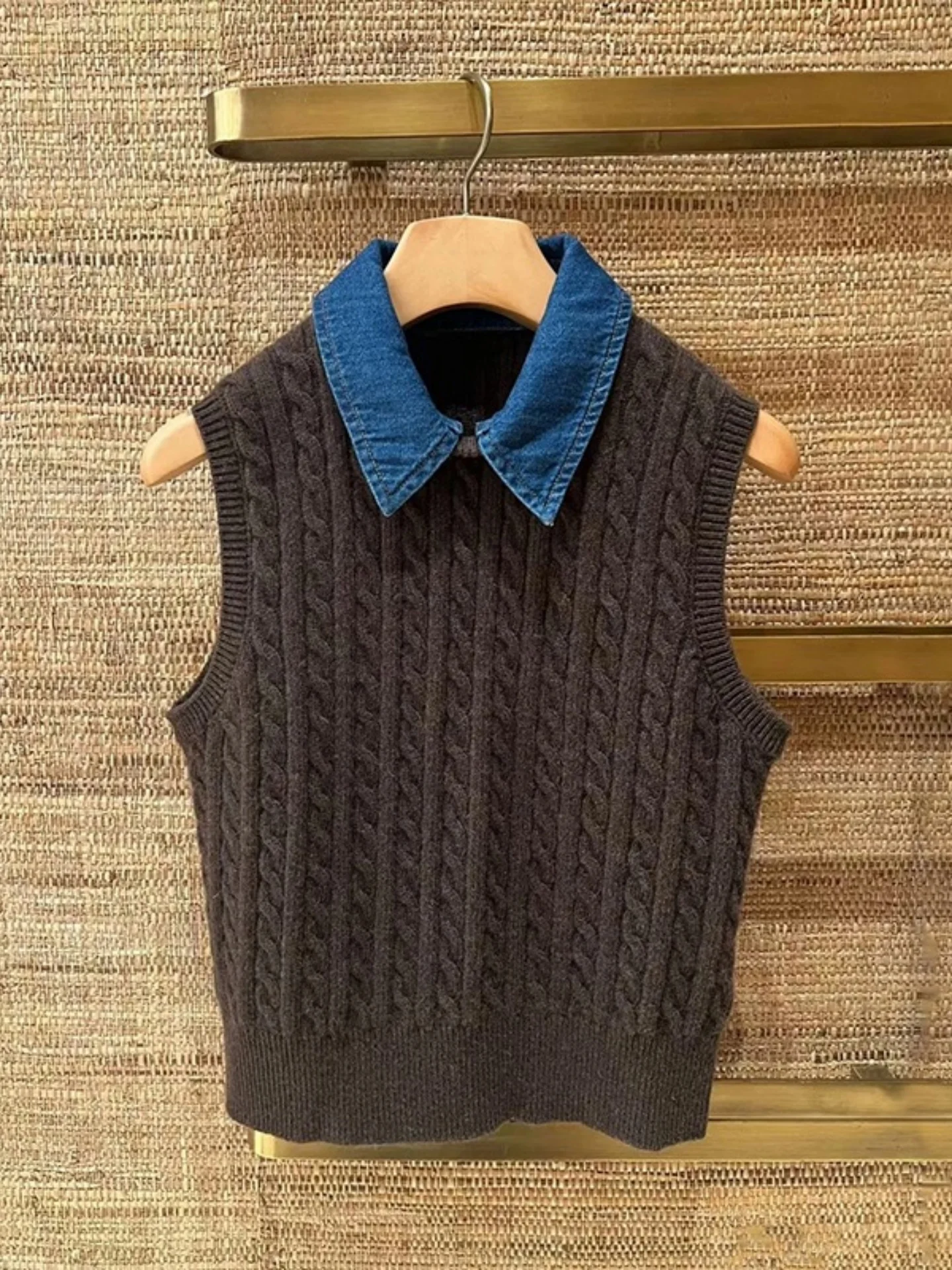 

Removable Denim Collar Vest Deep Brown Wool Blend Knitted Women's Winter Faion Commute Sle ort Length No Button Pure Color