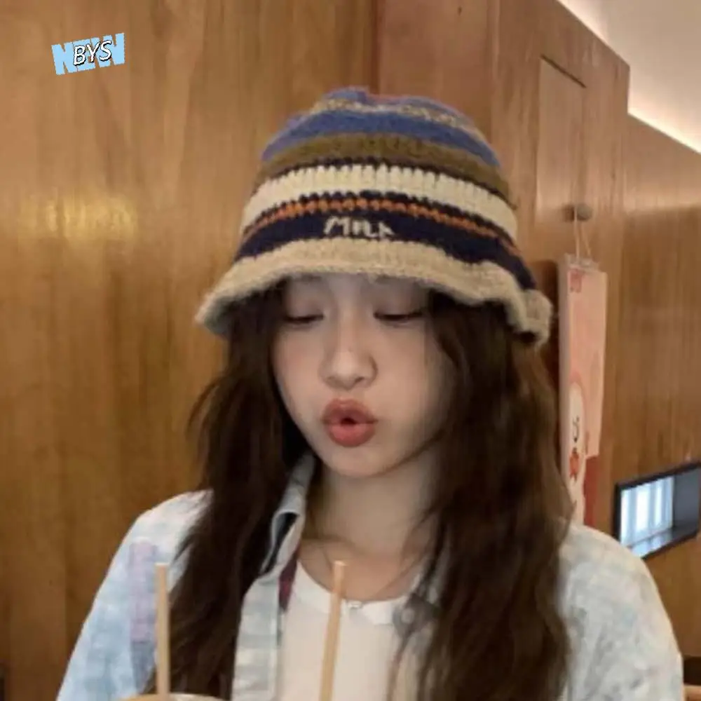 

Elegant Warm Knitted Bucket Hat Anti-cold Temperament Striped Fisherman Hat Korean Style Acrylic Fibers Woven Basin Cap Winter