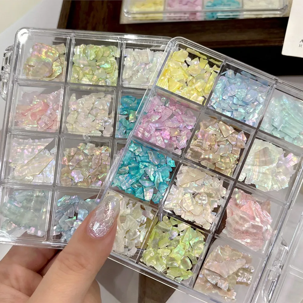 12grid Iridescent Aurora Abalone Shell Nail Slices 3D Irregular Seashell Nail Flakes 12color Abalone Shell Fragments Nail Charms