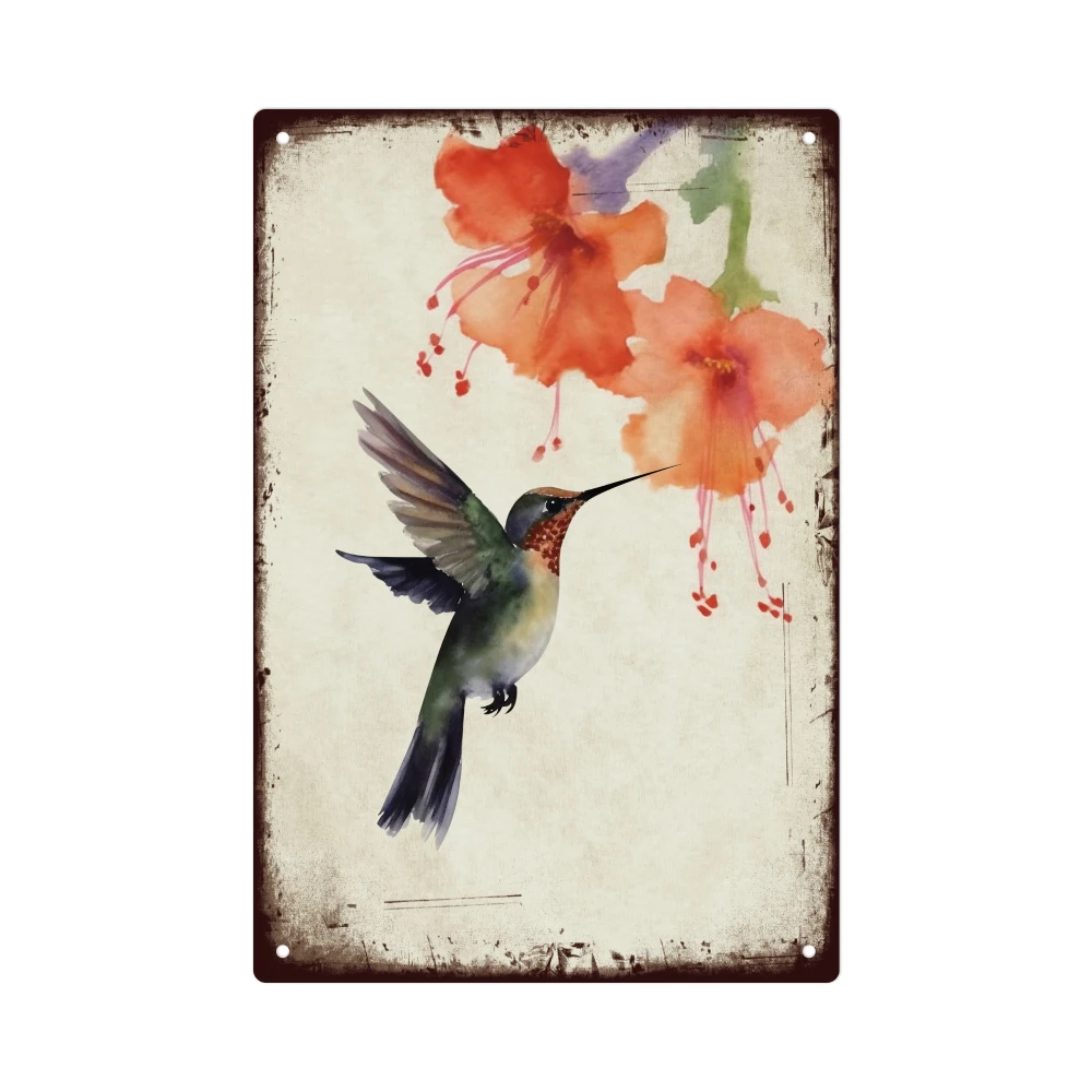 1‑piece Putuo Decor Vintage Hummingbird & Wildflower Metal Tin Sign, Rustic Wall Art for Home, Living Room, Bar and Café‑Weathered Finish, Easy to Hang, Outdoor Wall Decor