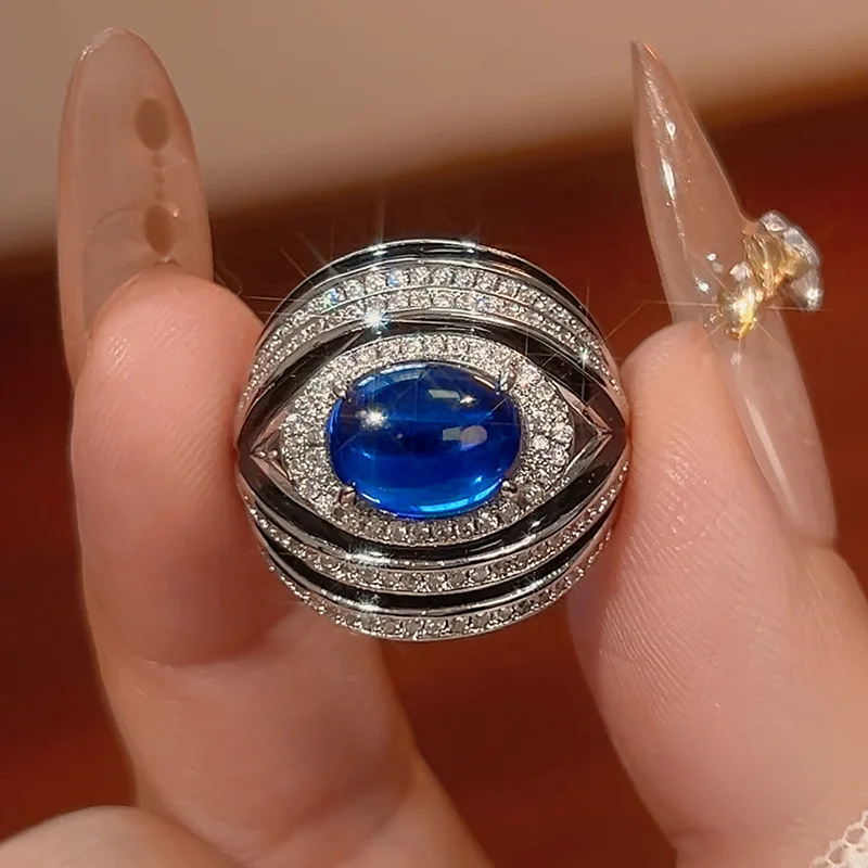 Jewelry Ring Oval Royal Blue Red Corundum Green Chalcedony Fashion Sense Women's Vintage High-end Feel