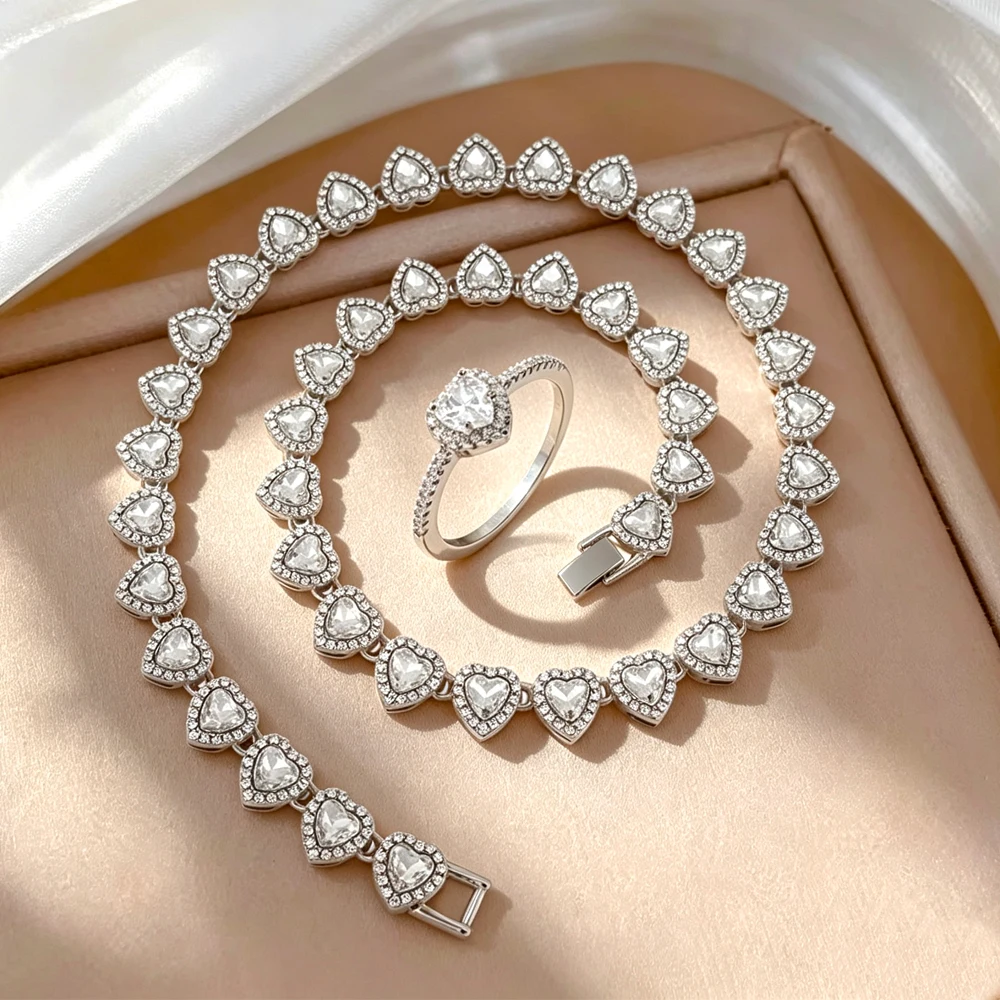 ZAKOL 2-teiliges Set Rosa-Weißes Herzförmiges Strass-Halsketten-Ring-Set Glänzender Zirkon Süßer Romantischer Schmuck Geschenk für Frauen Mädchen – Detail 6