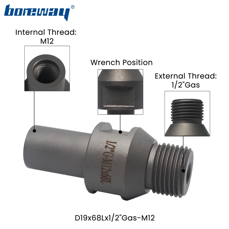 Boreway 다이아몬드 드릴 비트용 연마기 비트 샤프트 어댑터, 1/2 인치 가스 또는 M12 스레드, D19x68L/100L