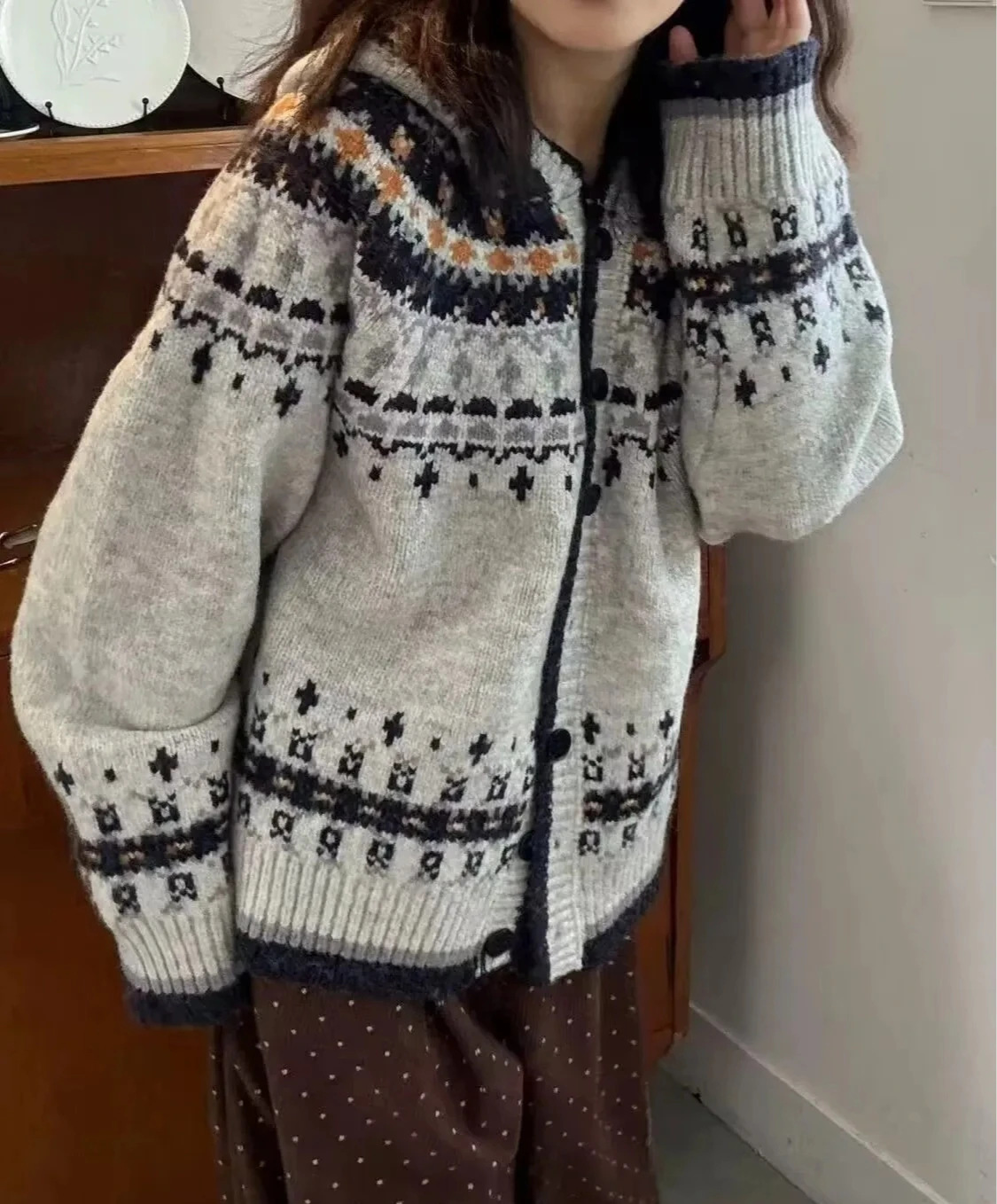 

Hat Knitted Sweater Cardigan Women's Soft Plump Autumn Winter Vintage Geometric Pattern Knitted Top