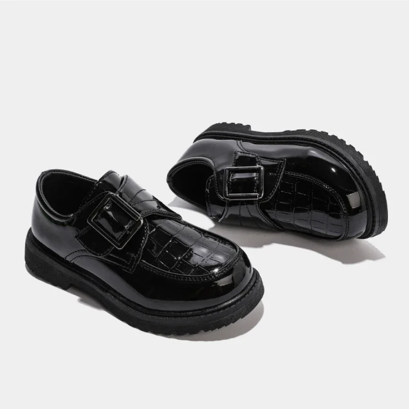 Kids Leather Shoe Non-slip Black Shoes for Boys Glossy Fashion Children Causal School Uniform Flat Shoes for Performance Classic