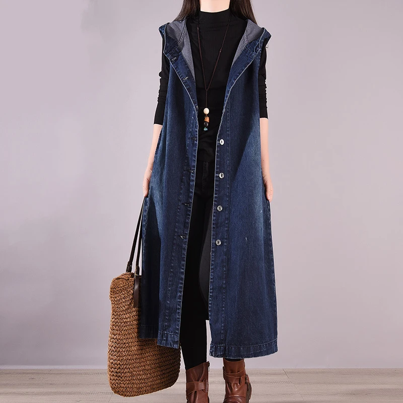

Long Oversized Denim Vest Women's Spring Faion Korean Sle Svel Hooded Open Cardigan Trendy Outerwear