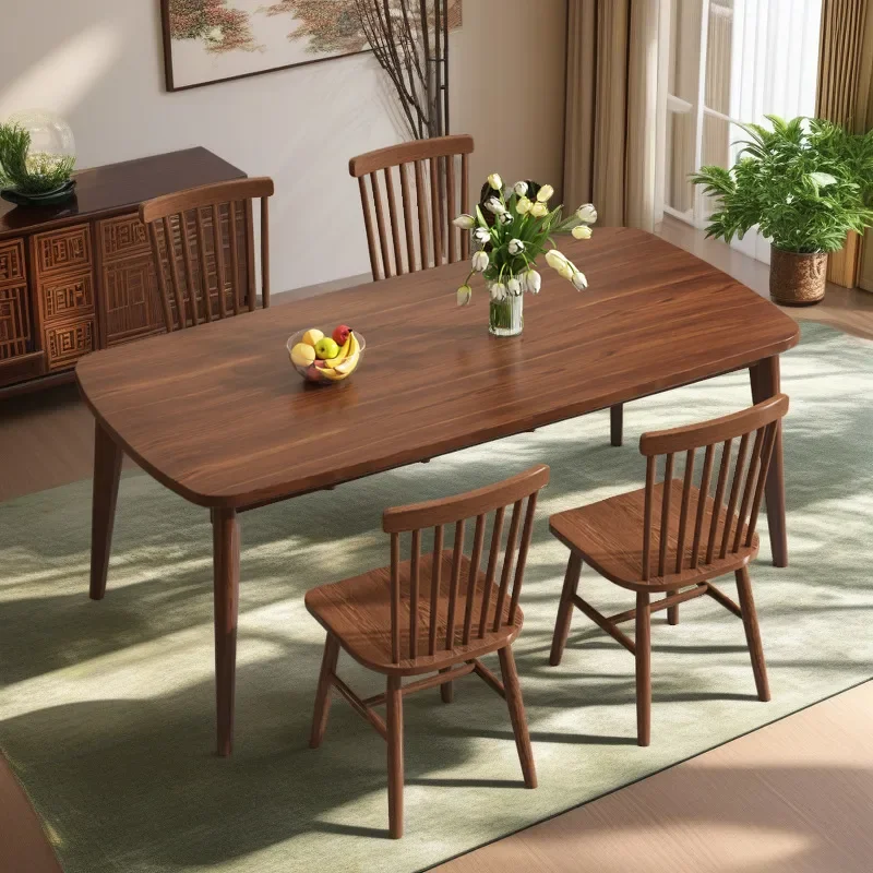 Solid Wood Dining Table And Chair Set Black Walnut Color Large Board Simple Log Style Home Restaurant Table