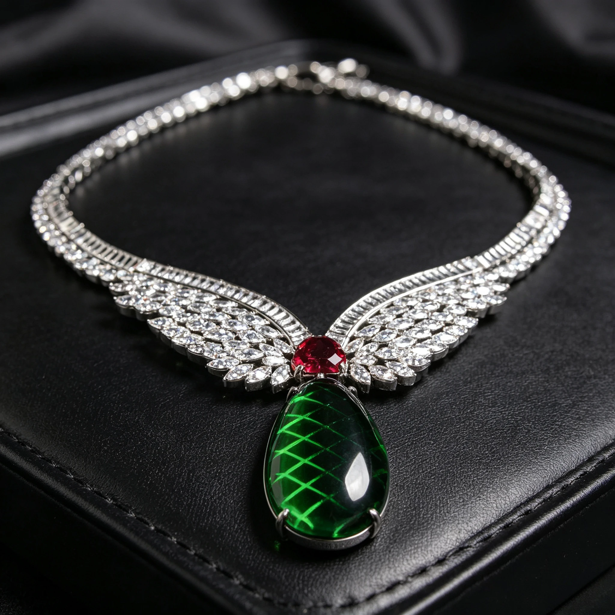 Vintage Lab Emerald Lab Red Gem CZ Wing Shape Women Jewelry Sets Necklace Earrings Elegant Evening Party Banquet Accessories