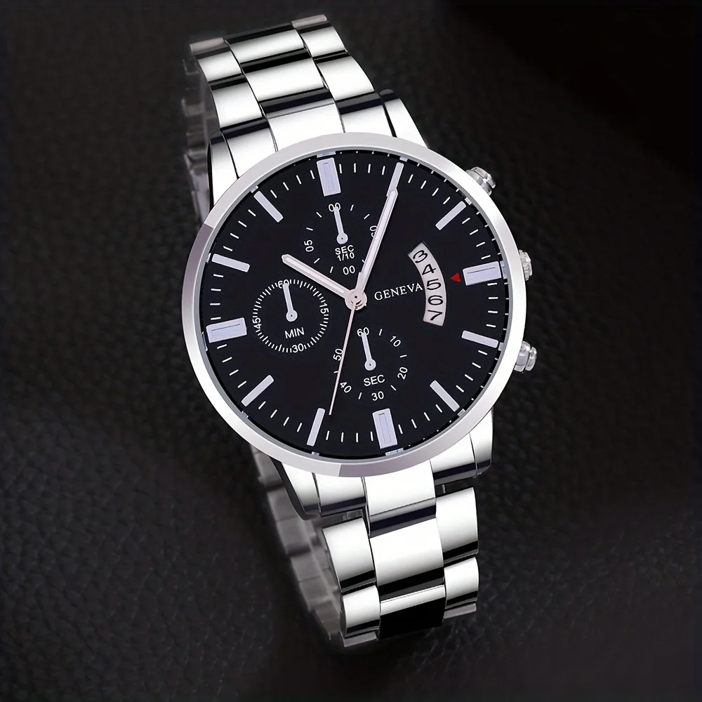 メンズカレンダークォーツ腕時計、ステンレススチールストラップとネックレスブレスレットセット、ビジネスファッション、セットあたり3個、1個