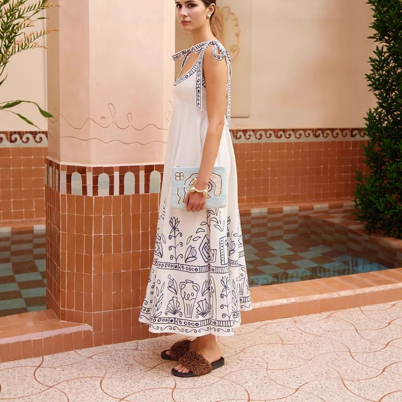 Gaun Cetak Elegan Berpinggang Tinggi dengan Sabuk, Gaun Panjang Tanpa Lengan Kasual, Rok A-Line Wanita, Gaun Panjang Tali Linen