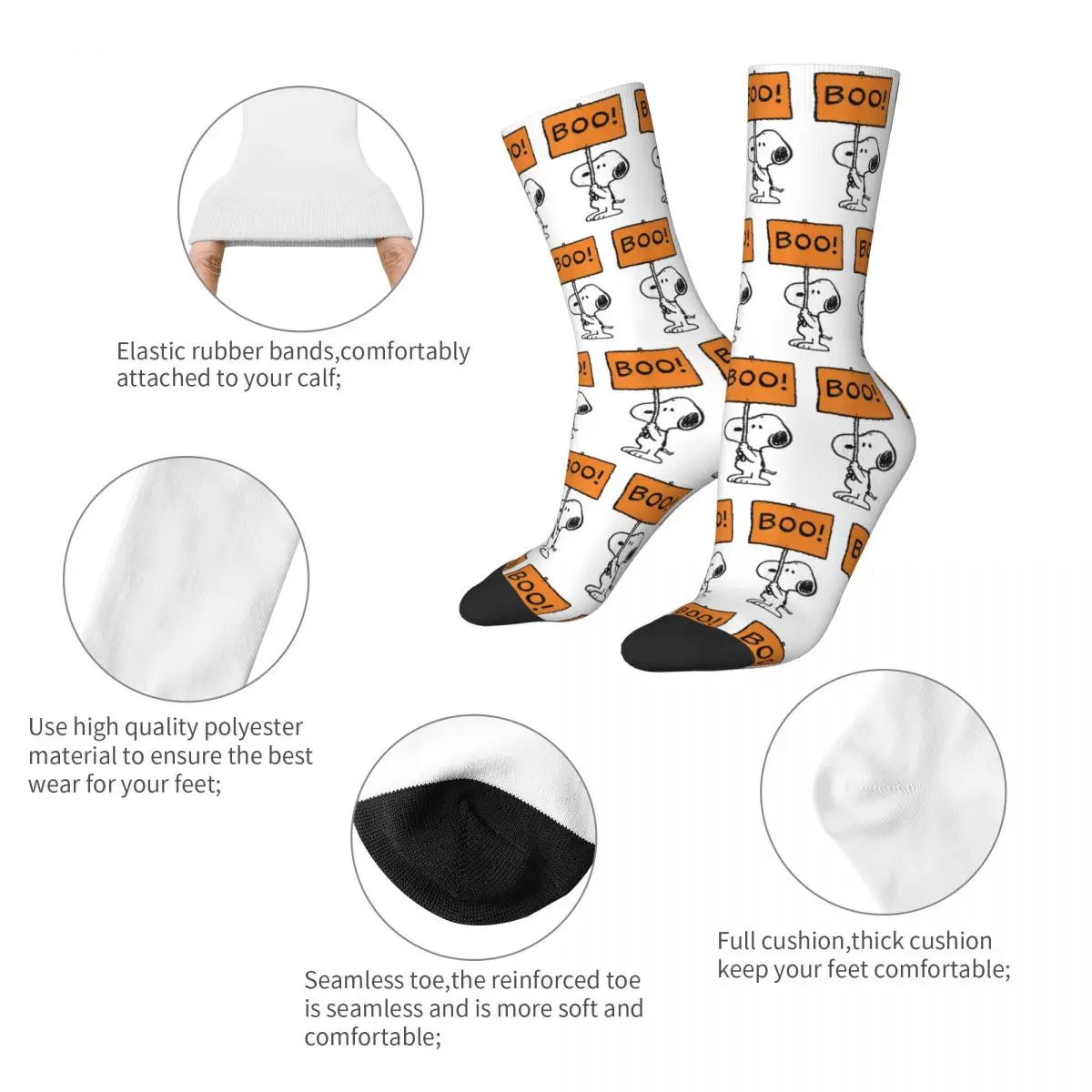 Hip-hop Peanuts Halloween Snoopy Boo Football Socks Polyester Middle Tube Socks for Unisex Non-slip