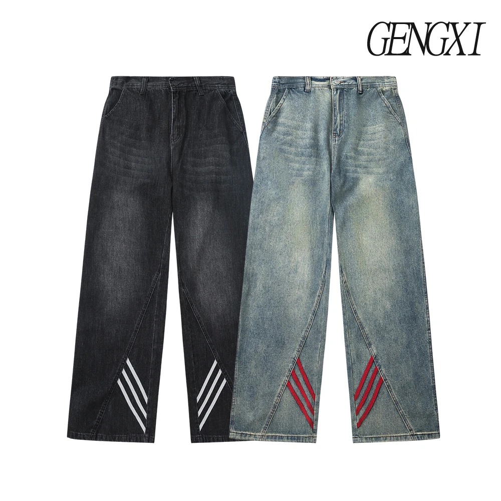 

New autumn and winter loose straight-leg casual trousers for men American-style striped workwear denim trousers High street