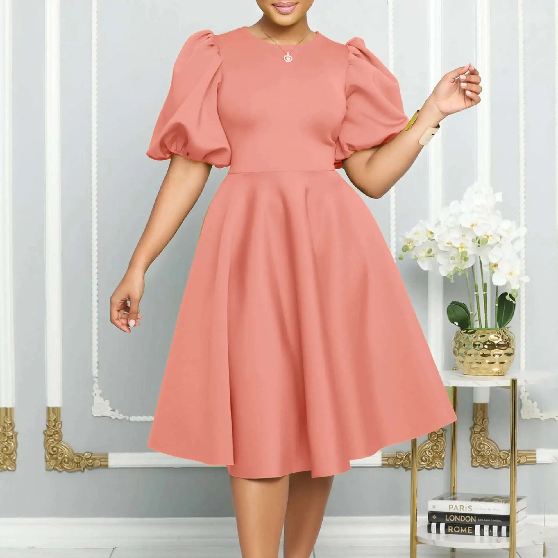 

C8631 Women's 2025 Summer Short Sleeve Elegant Round Neck High Waist Flared Evening Party Dress Summer Dress Robe Vestido Women