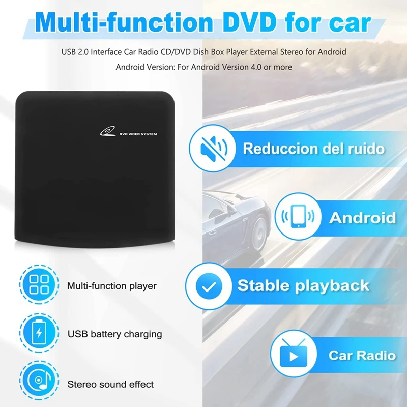 Universal Portable Car External CD Player, Plugs Into Car USB Port, Laptop, TV For Android 4.0 And Above Navigation