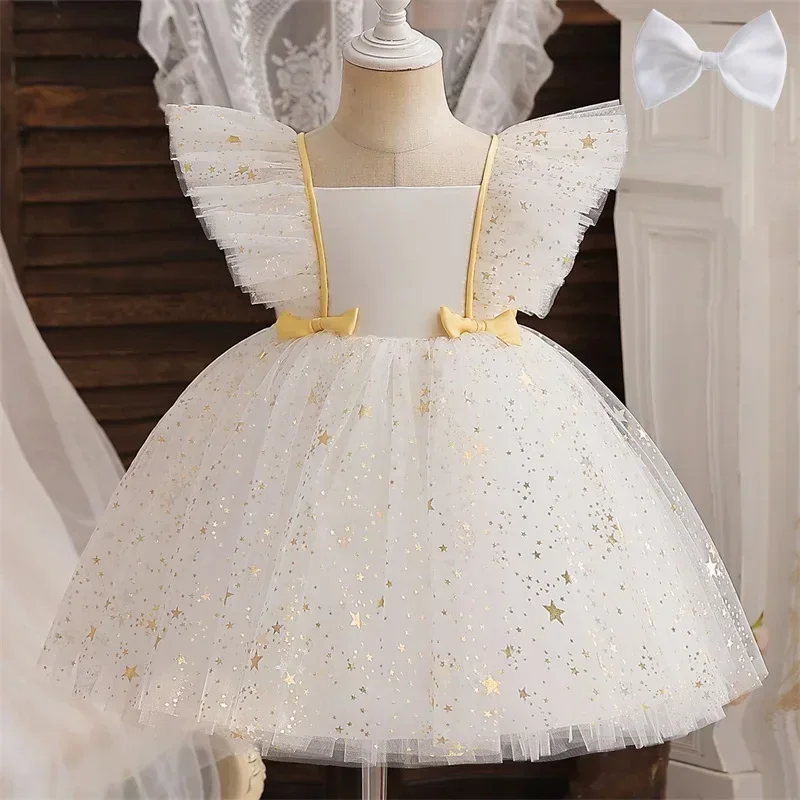 1 st Baby Girl  Birthday Princess Dress Sequined Star Ruffle Bow Tutu Gown Baby Formal Gala Prom Gown Kids Evening Party Costume