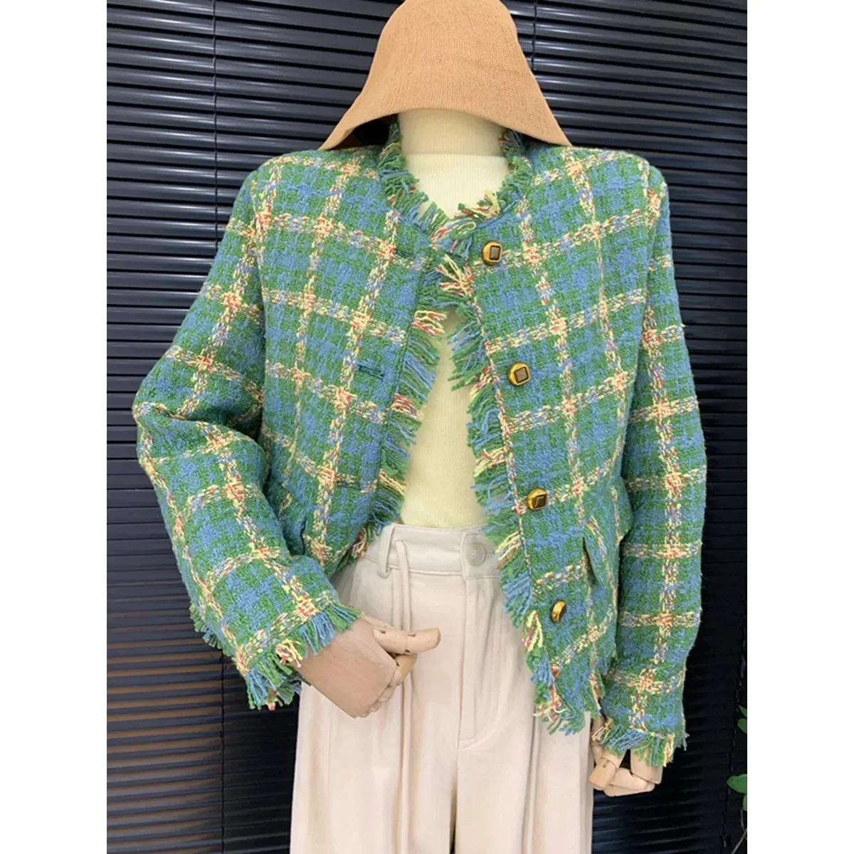 

And Autumn Winter New Temperament Celebrity Woolen Fabric Tassel Plaid Cotton Heavy Coat Women Green Jacket