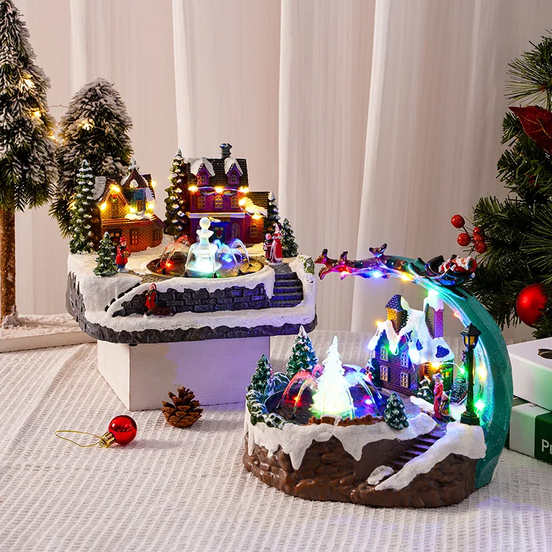 LED Christmas Winter Scene Village House Music Fountain with Colorful Light Sculpture for Home Tabletop Decoration Gift