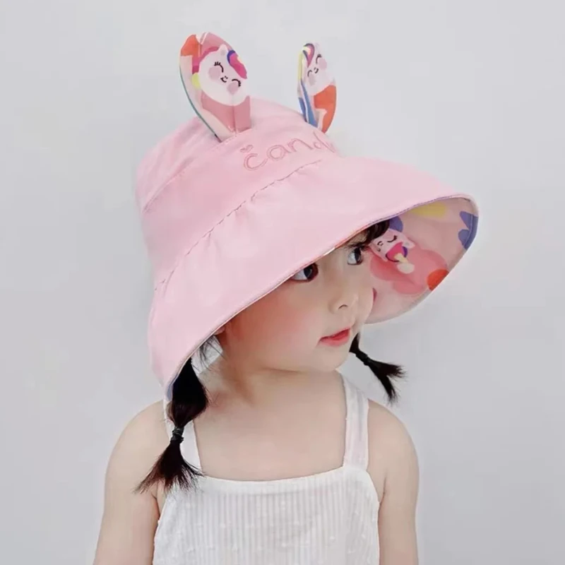 Adjustable Baby Bucket Hat Girls Sun Hat Cute Rabbit Children\'s  Empty Top Cap Large Kids Beach Cap  Bonnet