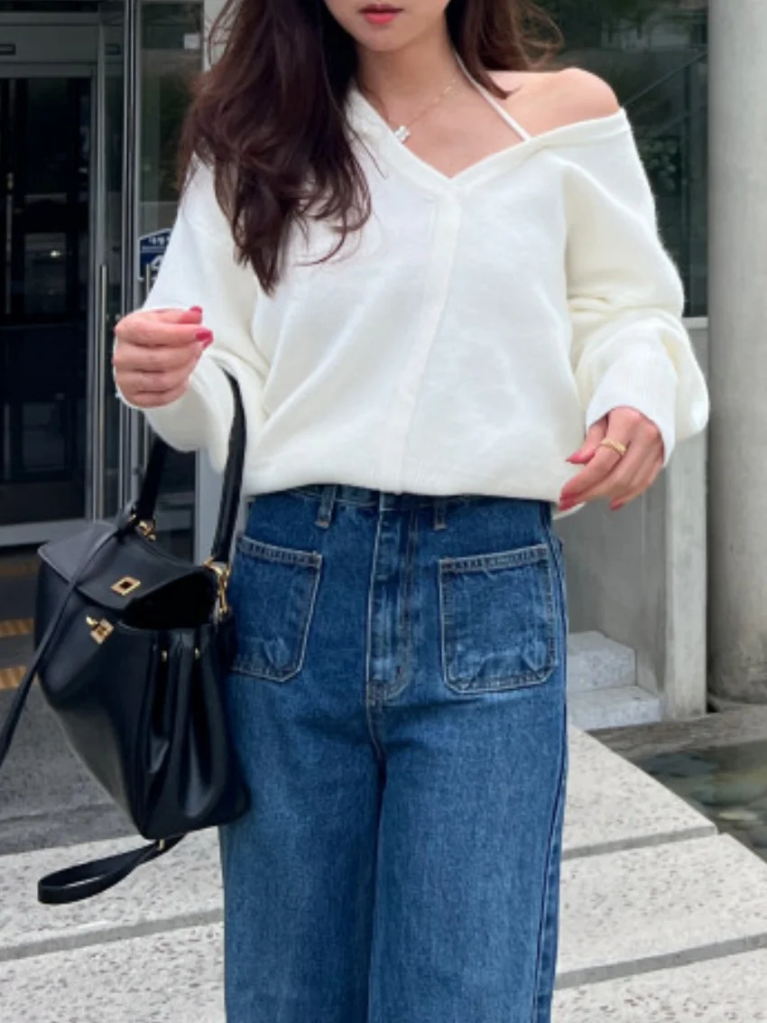 Alien Kitty Gentle Sweaters Halter Women Off Shoulder Sexy High Street Ol Autumn Loose Minimalist Knitted New Slim Cardigans
