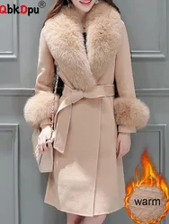 Winter Warm removable Faux Fur Collar Long Woolen Jackets Thicken Slim Wool Blend Coats With Belt Cotton padded Lined Chamarras