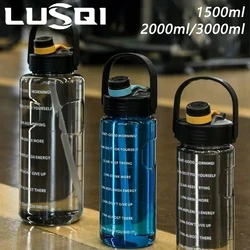 LUSQI 1.5 L/2L/3L Bottle Large Capacity Sports Water Cup Leak-proof With Straw Plastic&Time Stamp For Home Outdoor Sports