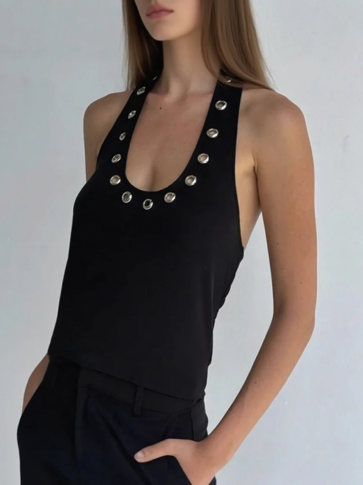 

Tank top Y2K summer hanging neck slimming top U-neck niche hollow eye personality spicy girl outfit suspender