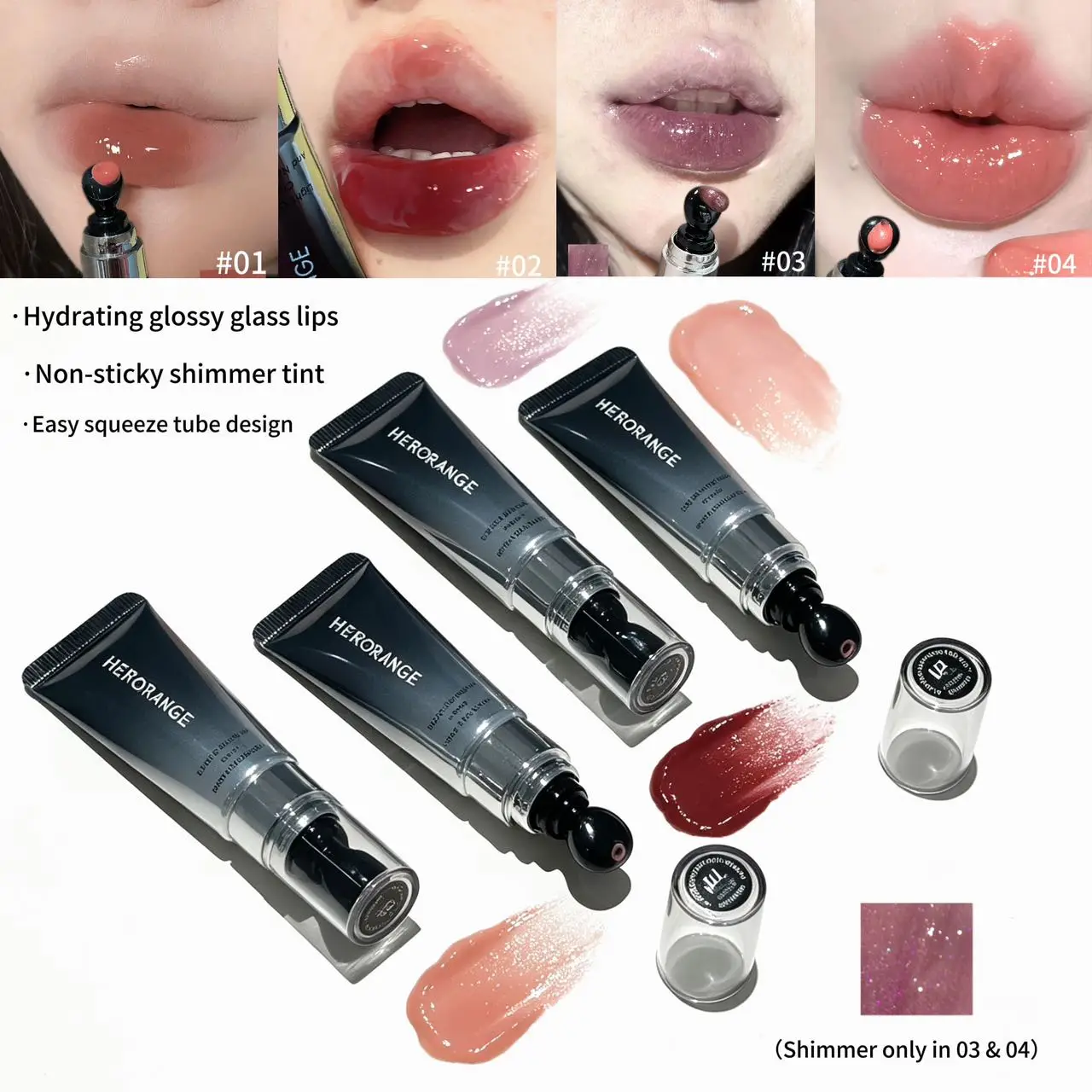 Herorange Silky Plumping Lip Gloss, Hydrating Non-Sticky Shimmer, Squeeze Tube Applicator, Glass Lips Daily Lip Gloss