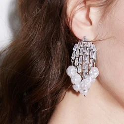 Elegant pearls shiny zircon earrings water drops Swaying tassels gentle girl ear accessory