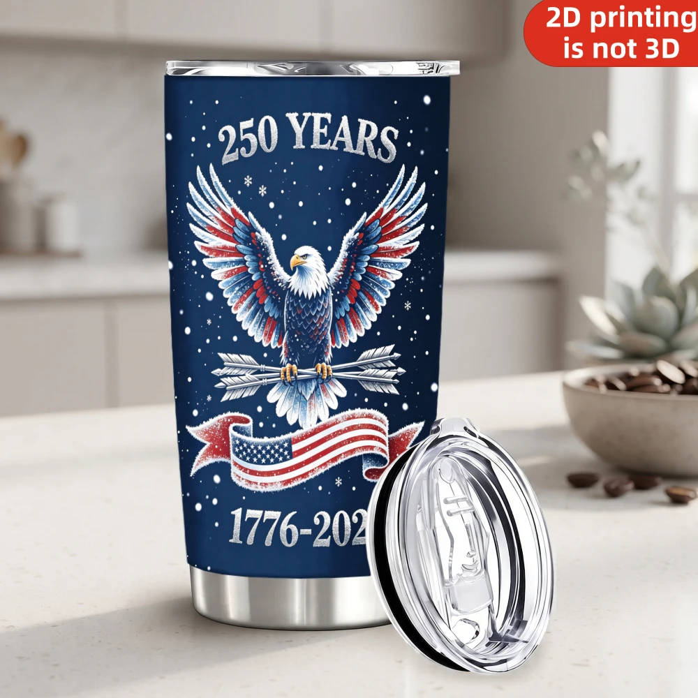 20oz USA 250th Anniversary Printed Stainless Steel Tumbler with Lid and Straw, Navy Blue Patriotic Eagle 1776-2026 American Flag Vacuum Insulated Travel Coffee Mug Gifts