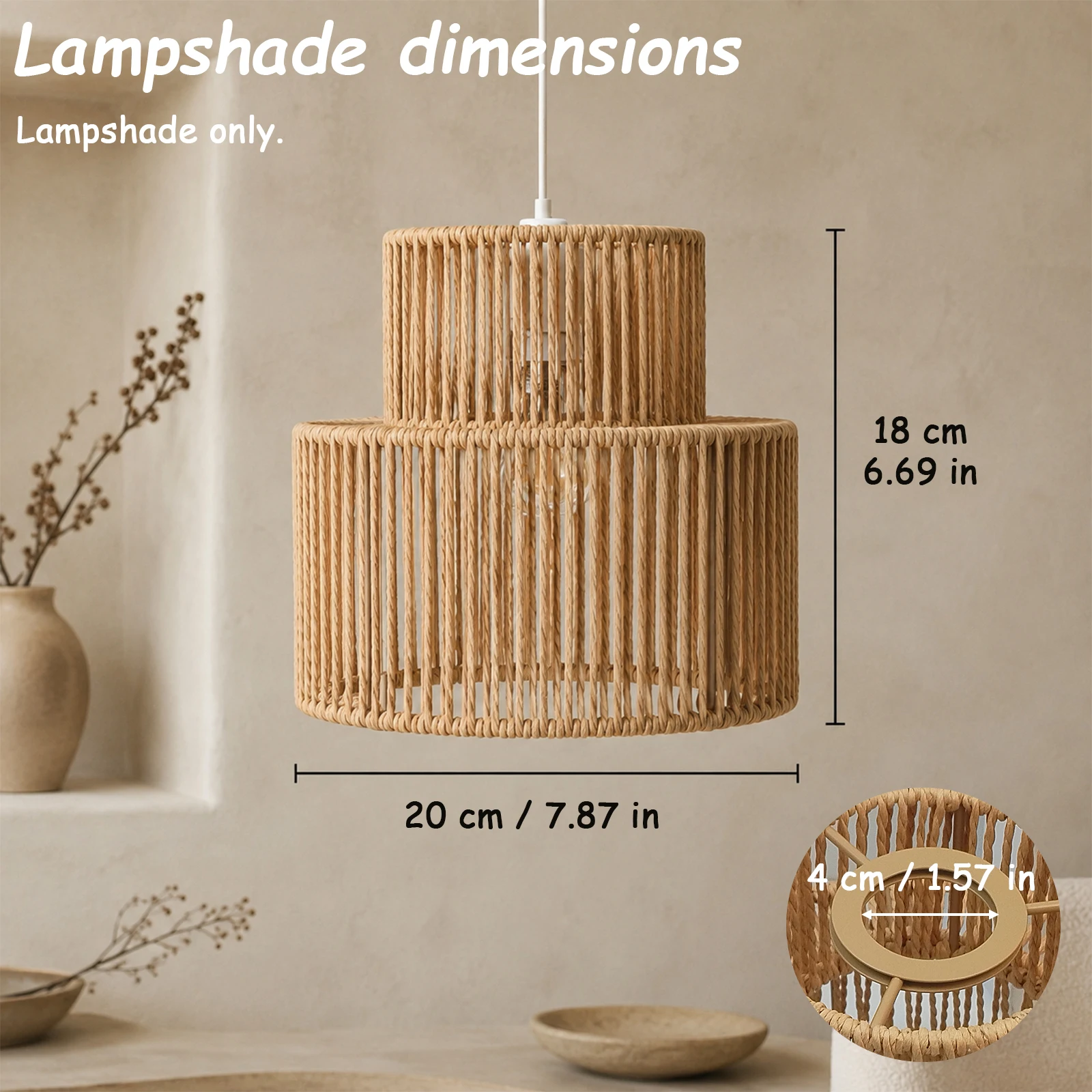 Boho Double Layer Woven Rope Lamp Shade, Cylinder Drum Cover for Pendant Light Living Room Bedroom